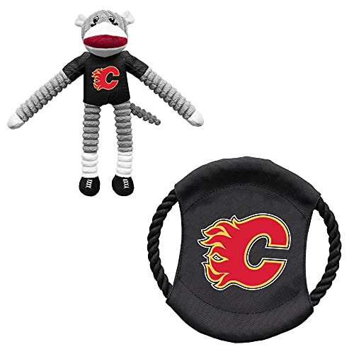 Littlearth NHL Calgary Flammen Socken-Affe und fliegende Scheibe, Haustier-Spielzeug-Kombi-Set von Little Earth Productions