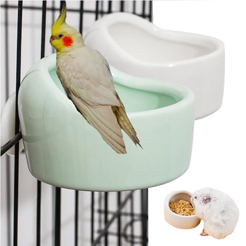 Littledropet Papageien-Keramiknapf, Vogelfutterbecher für Vogelkäfig, verhindert Kippen von Kleintieren, Futter-Wassernapf mit Klemme für Sittiche, Meerschweinchen, Hamster, Ratten (Blau und Weiß, von Littledropet