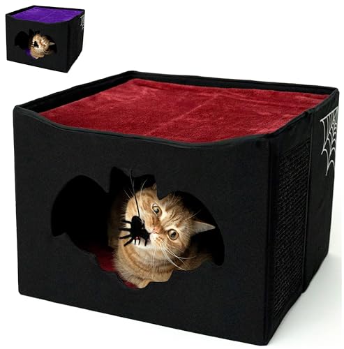 Gothic-Katzenbett für Katzen oder Haustiere, faltbar als Halloween-Haus, 43 x 43 x 32 cm, mit Fledermauseingang, Spinnenspielzeug, Kratzunterlage und weichem Kissen für Gothic-Katzen, von Littlesy