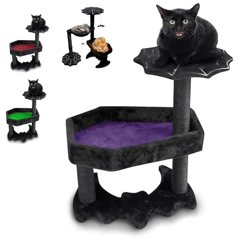 Gothic Katzenbaum mit Sarg Katzenbett, Gothic-Katzenturm, Sarg-Katzenbaum mit Sisal-Kratzstämmen für Halloween-Katze, klein, Schwarz mit Lila Littlesy von Littlesy