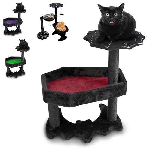 Gothic Katzenbaum mit Sarg Katzenbett, Gothic Katzenturm, Sarg Katzenbaum mit Sisal Kratzstämmen für Halloween Katze, Kleine Größe, Schwarz mit Rot Littlesy von Littlesy