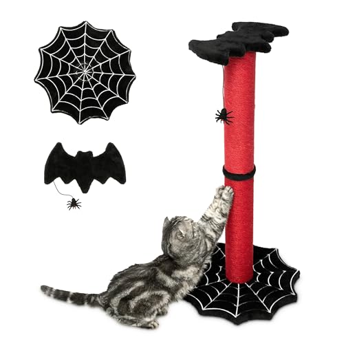 Gothic-Kratzbaum, 86,4 cm, mit stabilem Spinnennetz-Bodenfundament und Fledermaus-förmiger Oberseite mit Spinnenspielzeug, Halloween-Katzenkratzer, Katzenturm mit Kratzbaum, Schwarz und Rot Littlesy von Littlesy