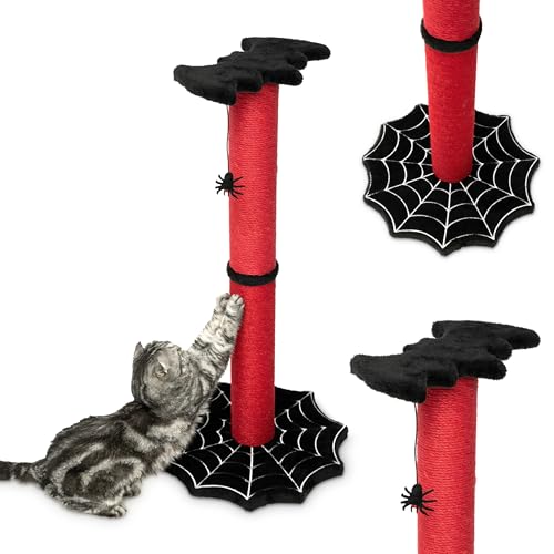 Gothic-Kratzbaum, 86,4 cm, mit stabilem Spinnennetz-Bodenfundament und Fledermaus-förmiger Oberseite mit Spinnenspielzeug, Halloween-Katzenkratzer, Katzenturm mit Kratzbaum, Schwarz und Rot Littlesy von Littlesy