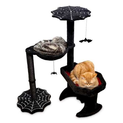 Littlesy Gothic-Katzenbaum mit Sargbett, Hängematte, Spinne und Fledermausspielzeug, 89,9 cm hoch, Gothic-Katzenliebhaber-Erfahrung, Schwarz und Rot von Littlesy