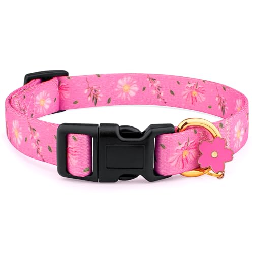 Hundehalsband aus Baumwolle, handgefertigt, für kleine, mittelgroße und große Hunde, rosa Blumen mit Anhänger, niedliches Hundehalsband, ideal für Mädchen, Hunde, Jungen, Hunde (Größe M) von Liugjiau