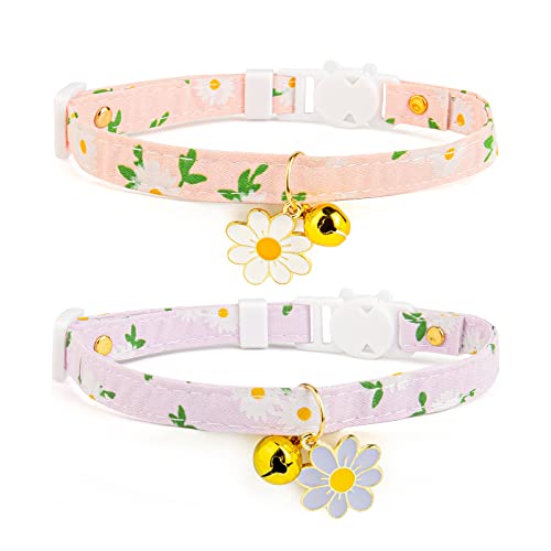 Katzenhalsband, Baumwolle, mit Glocke, rosa und lila Blumen-Anhänger, niedliches Katzenhalsband, ideal für Mädchen, Katzen, Jungen, Katzen, Katzen, 2 Stück von Liugjiau