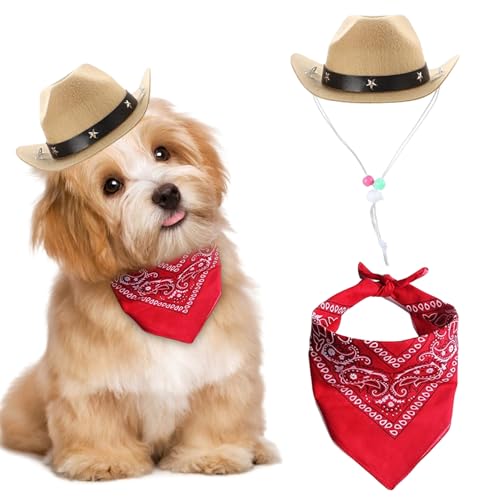 Hund Cowboy Kostüm 2PCS Hund Cowboyhut und Bandana Schal Western Haustier Halloween Kostüme Accessoires für Welpen Kätzchen Cosplay Party Festival täglich tragen, Halloween von Liummrcy