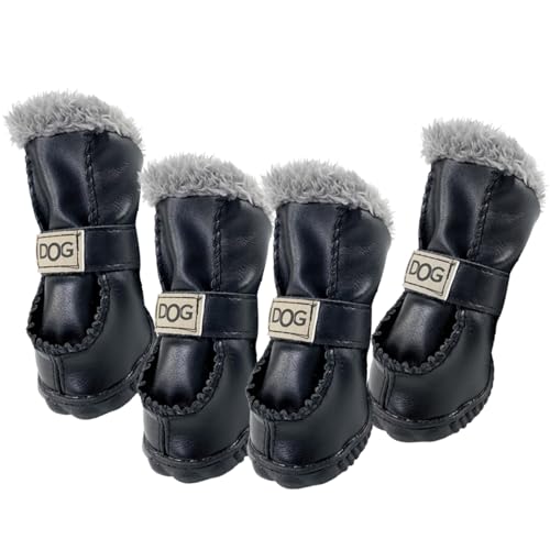 Hund Winterstiefel 4pcs/Set Wärme Plüsch mit synthetischen Lederhundschuhen Weiche Nicht Schlupfhund Schneeschnee für kleine und mittelgroße Hunde, Größe 3#, Haustierstiefel Pfotenschutzschutz von Liummrcy