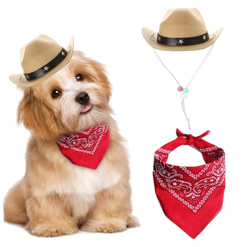 Katzenbekleidungszubehör, Hunde Cowboy Kostüm 2pcs Hund Cowboyhut und Bandana Schal Western Haustier Halloween Kostüme Accessoires für Puppy Kitten Cosplay Party Festival täglich tragen von Liummrcy