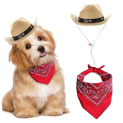 Liummrcy Hunde Cowboy Kostüm 2PCS Hund Cowboyhut und Bandana Schal Western Haustier Halloween Kostüme Accessoires für Welpen Kätzchen Cosplay Party Festival täglich tragen, Hundehut von Liummrcy