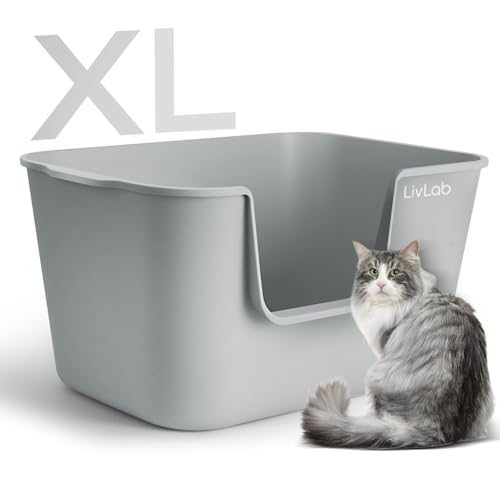 LivLab Mker Extra große Katzentoilette, 63,5 cm L x 40,6 cm B x 33 cm H, offene Oberseite, hohe Seiten, XL für große Katzen, spritzwassergeschützt, Grau von LivLab Mker