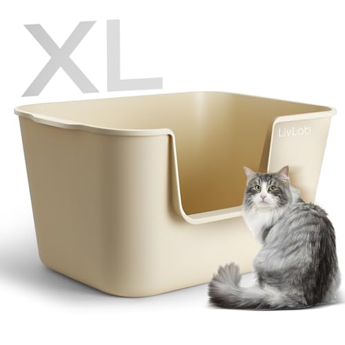 LivLab Mker Extra große Katzentoilette, oben offen, hohe Seiten, XL-Katzentoilette für große Katzen, hohe Wand, Jumbo-Katzentoilette, Spritzschutz, Multi-Kitty-Katzentoilette, Beige von LivLab Mker