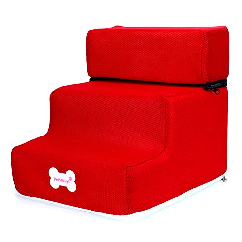 Livecitys Pet Steps Treppe, 3 Stufen Hunde Katzen Treppe, Abnehmbare Rampe Klettern Abnehmbare Bettleiter Haustier Spielzeug Für Hunde Katzen Teppich Stufen Treppe rot von Livecitys