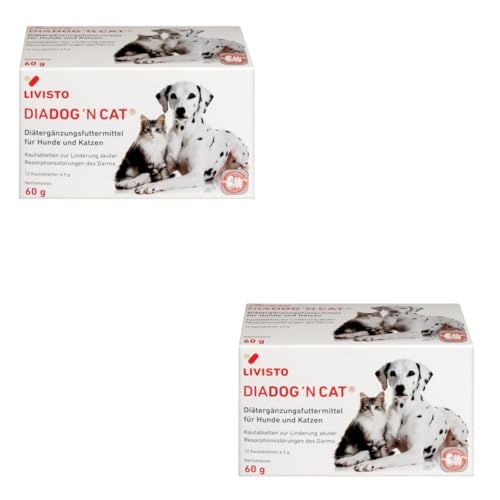 Livisto DiaDog`N Cat | Doppelpack | 2 x 12 x 5 g | Diätergänzungsfuttermittel für Hunde und Katzen | Kautabletten zur Unterstützung bei akuten Resorptionsstörungen des Darms von Livisto