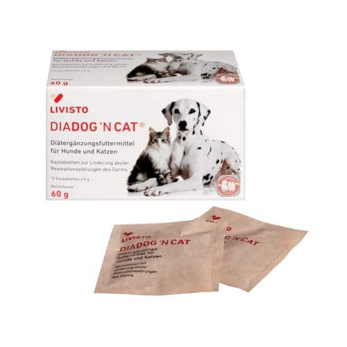 Livisto DiaDog`N Cat für Hunde und Katzen | 12 x 5 g | Diätergänzungsfuttermittel für Hunde und Katzen | Kautabletten zur Unterstützung bei akuten Resorptionsstörungen des Darms von Livisto