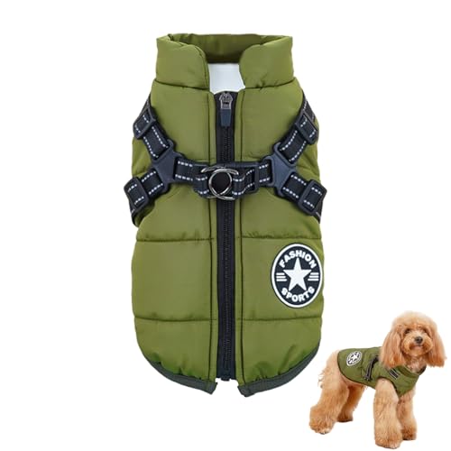 Liwein Hundemantel mit Geschirr, Wintermantel Hund, Winter Winddicht Wasserdicht kifahren Hundeweste, Welpen Winter Warme Jacke, Hundemantel mit Brustgurt Gurt für Kleine Hunde (L, Grün) von Liwein