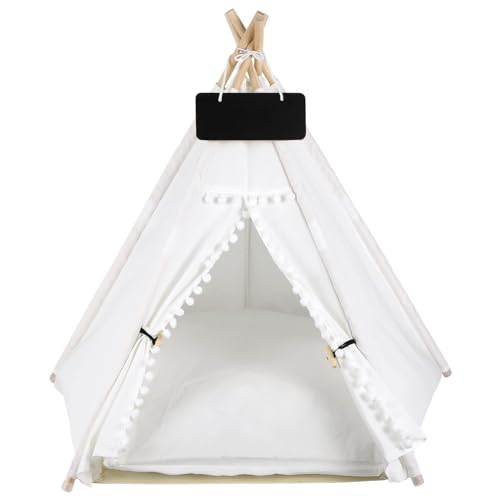 Pet Tipi für Katzen Hunde - 50,8 x 50,8 x 61 cm Katzen-Tipi mit dickem Kissen für Katzen Hunde Kaninchen, waschbares Hundezelt mit Tafel, Indoor-Haustierhaus für Welpen, Weiß von Lnrueg