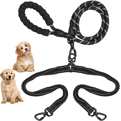 LoQuick Hundeleine Doppelleine für 2 Hunde, Trainingsleine Hund Verstellbar Hundeleine, Elastisch Reflektierende Nylon Hundeleine, 360° Verhedderungsfrei, zum Gehen Joggen füR GroßE Hunde Schwarz von LoQuick