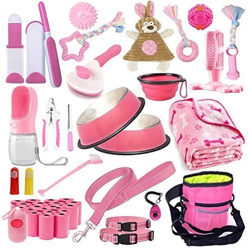 Lobeve Puppy Supplies Starter-Set – 39-teiliges Set mit Welpenutensilien und Hundesachen. Inklusive Hundeleine, Wasserflaschen und mehr. Perfektes Willkommensgeschenk für Ihre neuen Welpen, Rosa von LOBEVE