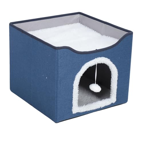 Katzenbetten für Hauskatzen, Katzenbetten für Hauskatzen, faltbares Katzenhaus mit 2 Ebenen, zusammenklappbar, multifunktionales Katzenhöhlenbett, weiches Kratzhaus für drinnen (Marineblau) von Loboo Idea