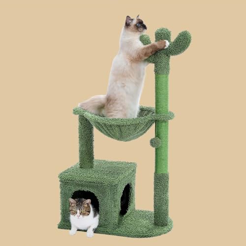 Loboo Idea 101,6 cm Kaktus-Katzenbaum, Katzenbaum Turm für große Indoor-Katzen, vom Boden bis zur Decke, mehrstöckiger Katzenbaum mit großen Höhlen und Rampe (Grün) von Loboo Idea