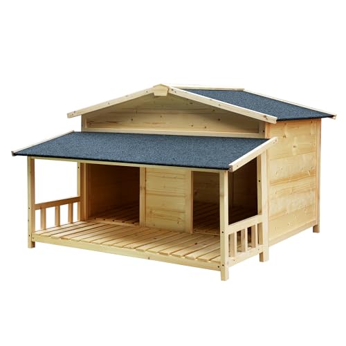 Loboo Idea Massives Holz Große Hundehütte Outdoor Hundehütte mit erhöhtem Boden und Veranda, Asphaltdach, wetterfestes Holztierheim (Massivholz, extra groß) von Loboo Idea