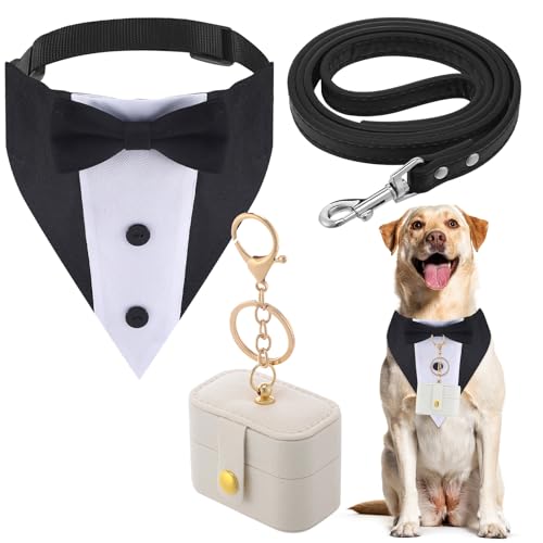 Locmeo 3-teiliges Hochzeitshalsband-Outfit für Hunde, Smoking, Eheringträger, Eheringhalter, Tasche, Box, verstellbarer Hundehalsband, Fliege mit Leine für Haustiere (Smoking-Stil, L) von Locmeo