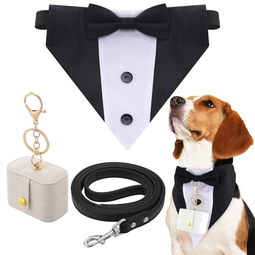 Locmeo 3-teiliges Hochzeitshalsband-Outfit für Hunde, Smoking, Eheringträger, Eheringhalter, Tasche, Box, verstellbarer Hundehalsband, Fliege mit Leine für Haustierhochzeit (Smoking-Stil, M) von Locmeo