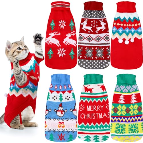 Locmeo 6 Stück Weihnachten Katze Pullover Klassisch Warm PET Winter Strickwaren Rentier Schneeflocke Kätzchen Kleidung Katze Outfit Niedlich Kätzchen Pullover für Kitty Welpen Katze Kleine Haustiere von Locmeo