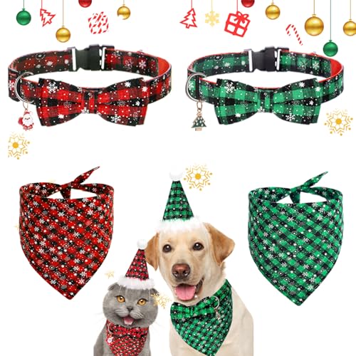 Locmeo 6 Stück Weihnachts-Hundehalstücher verstellbares Halsband mit Fliege Hut Set Plaid Urlaub Weihnachten Hund Klassisches Kostüm Dekoration Zubehör für mittelgroße große Hunde Haustiere (XL) von Locmeo