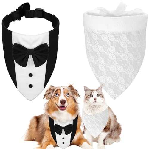 Locmeo Hundehalstücher für Hochzeit, verstellbar, mit Fliege, für mittelgroße und große Hunde, Verlobung, Geburtstagsgeschenk, Haustier-Hochzeitskostüm-Zubehör, 2 Stück von Locmeo