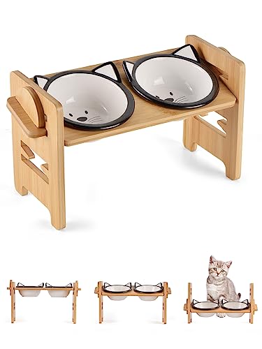 LoeJan 6 verstellbare Höhen, erhöhter Katzennapf, 15° geneigt, erhöhtes Futternapf, Keramikgeschirr mit Ständer für kleine Hunde und Katzen (Bambus) von LoeJan