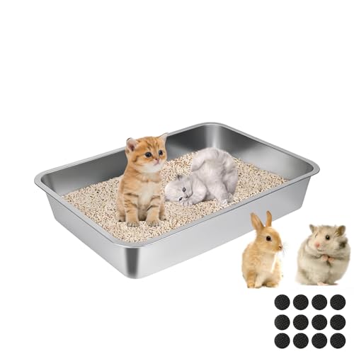 Lohofrnny Edelstahl Katzentoilette für Kätzchen, 45×35×10cm Katzenklo Geruchsfrei, Katzentoilette Offen für Kaninchen, Meerschweinchen und Hamste, Leicht zu Reinigen, Anti-Rutsch Gummiboden von Lohofrnny