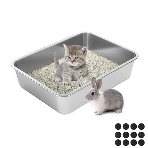 Lohofrnny Edelstahl Katzentoilette für Kätzchen, 45×35×10cm Katzenklo Geruchsfrei, Katzentoilette Offen für Kaninchen, Meerschweinchen und Hamste, Leicht zu Reinigen, Anti-Rutsch Gummiboden von Lohofrnny