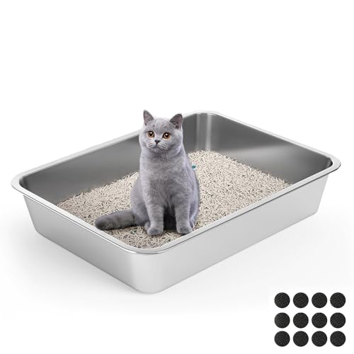 Lohofrnny Edelstahl Katzentoilette, 50×35×10cm Katzenklo Geruchsfrei, Katzentoilette Offen für Kaninchen, Meerschweinchen und Hamste, Leicht zu Reinigen, Anti-Rutsch Gummiboden von Lohofrnny