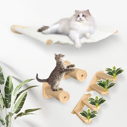 Lohofrnny Kletterwand Katzen, Wandmontage Katzenhängematte, 2 × Katzentreppe mit Juteseil und Blätter, 2 × Wandmontage Jute-Kratzäulen aus Natur-Holz, DIY Katzentreppe Wand von Lohofrnny