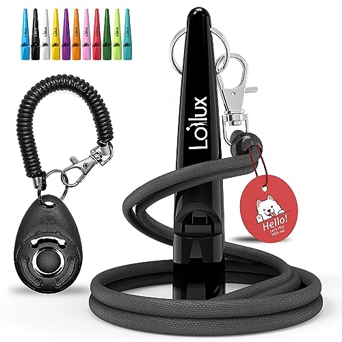 Loilux - Hundepfeife 80 mm mit Klicker Hund & 21 Zoll Pfeifenband - Einstellbare genormte Hochfrequenz - Hundepfeife Rütter Rückruf zur Erziehungshilfe von Hunden, Katzen, Vögeln (Schwarz) von Loilux