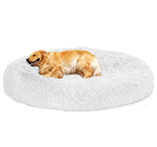 Loir Fluffy hundebett für große und extra große Hunde, 110 cm, Weiß, Donut Weiches Plüsch Rundes hundekissen, Waschbar, Tiefschlaf von Loir