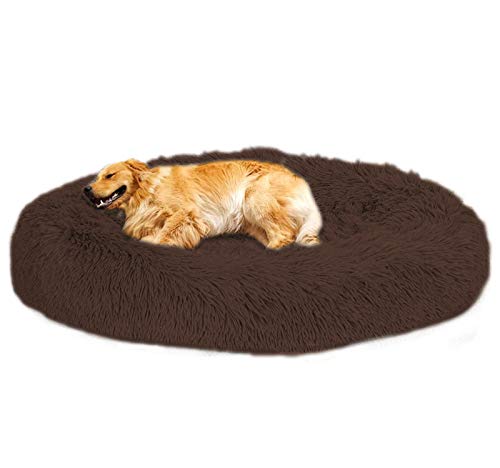 Loir Fluffy hundebett für große und extra große Hunde, 120 cm, Braun, Donut Weiches Plüsch Rundes hundekissen, Waschbar, Tiefschlaf von Loir