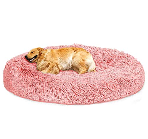 Loir Fluffy hundebett für große und extra große Hunde, 120 cm, Rosa, Donut Weiches Plüsch Rundes hundekissen, Waschbar, Tiefschlaf von Loir