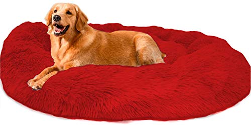 Loir Fluffy hundebett für große und extra große Hunde, 120 cm, Rot, Donut Weiches Plüsch Rundes hundekissen, Waschbar, Tiefschlaf von Loir