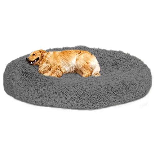 Loir Fluffy hundebett für große und extra große Hunde, 70 cm, Grau, Donut Weiches Plüsch Rundes hundekissen, Waschbar, Tiefschlaf von Loir