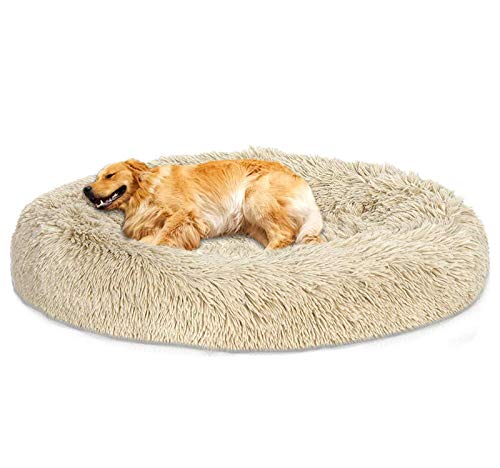 Loir Fluffy hundebett für große und extra große Hunde, 70 cm, Khaki, Donut Weiches Plüsch Rundes hundekissen, Waschbar, Tiefschlaf von Loir