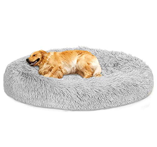 Loir Fluffy hundebett für große und extra große Hunde, 90 cm, Hellgrau, Donut Weiches Plüsch Rundes hundekissen, Waschbar, Tiefschlaf von Loir