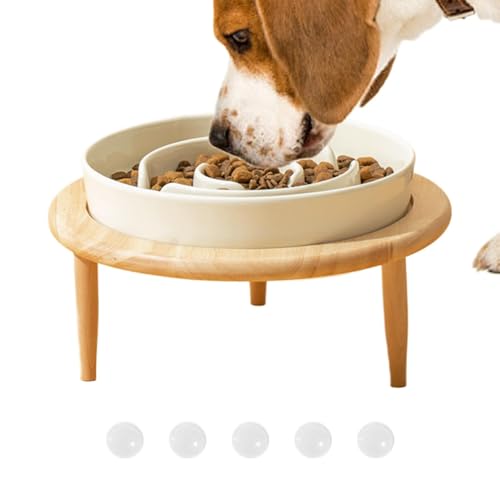 Dog Slow Feeder Bowl, Ceramic Dog Slow Feeder Bowl, Anti-Slip Feeding Dish with Wood Elevated Base, Multifunctional Slow Feeder for Dogs, Perfect for Indoor Use, Relaxing Toys for Home, Cattery, and P von Lokaquk