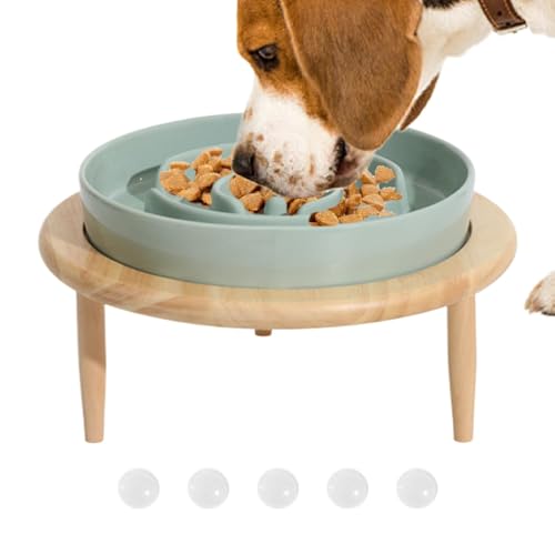 Dog Slow Feeder Bowl, Ceramic Dog Slow Feeder Bowl, Anti-Slip Feeding Dish with Wood Elevated Base, Multifunctional Slow Feeder for Dogs, Perfect for Indoor Use, Relaxing Toys for Home, Cattery, and P von Lokaquk