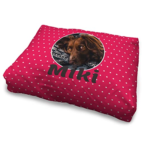 LolaPix Hundebett. Hunde Bett. Personalisiert mit Name/Foto. Bett für große/Mittlere/Kleine Hunde. Waschbare Hundematratze und Abnehmbarer Bezug. Puntos ROSA Foto von LolaPix