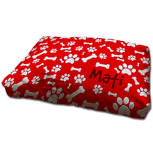 LolaPix Hundebett. Hundebett Kleine Hunde. Personalisiert mit Name/Foto. Bett für große/Mittlere/Kleine Hunde. Waschbare Hundematratze und abnehmbarer Bezug. HUELLAS ROJAS von LolaPix