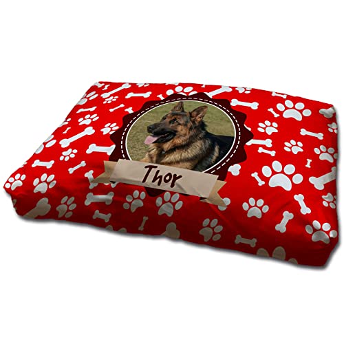 LolaPix Hundebett. Hundebett Waschbar. Personalisiert mit Name/Foto. Bett für große/Mittlere/Kleine Hunde. Waschbare Hundematratze und abnehmbarer Bezug. HUELLAS ROJAS Foto von LolaPix