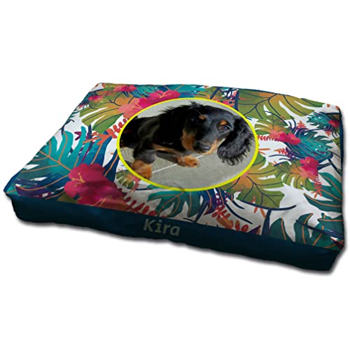 LolaPix Hundebett. Hundekörbchen. Personalisiert mit Name/Foto. Bett für große/Mittlere/Kleine Hunde. Waschbare Hundematratze und abnehmbarer Bezug. TROPICAL Foto von LolaPix